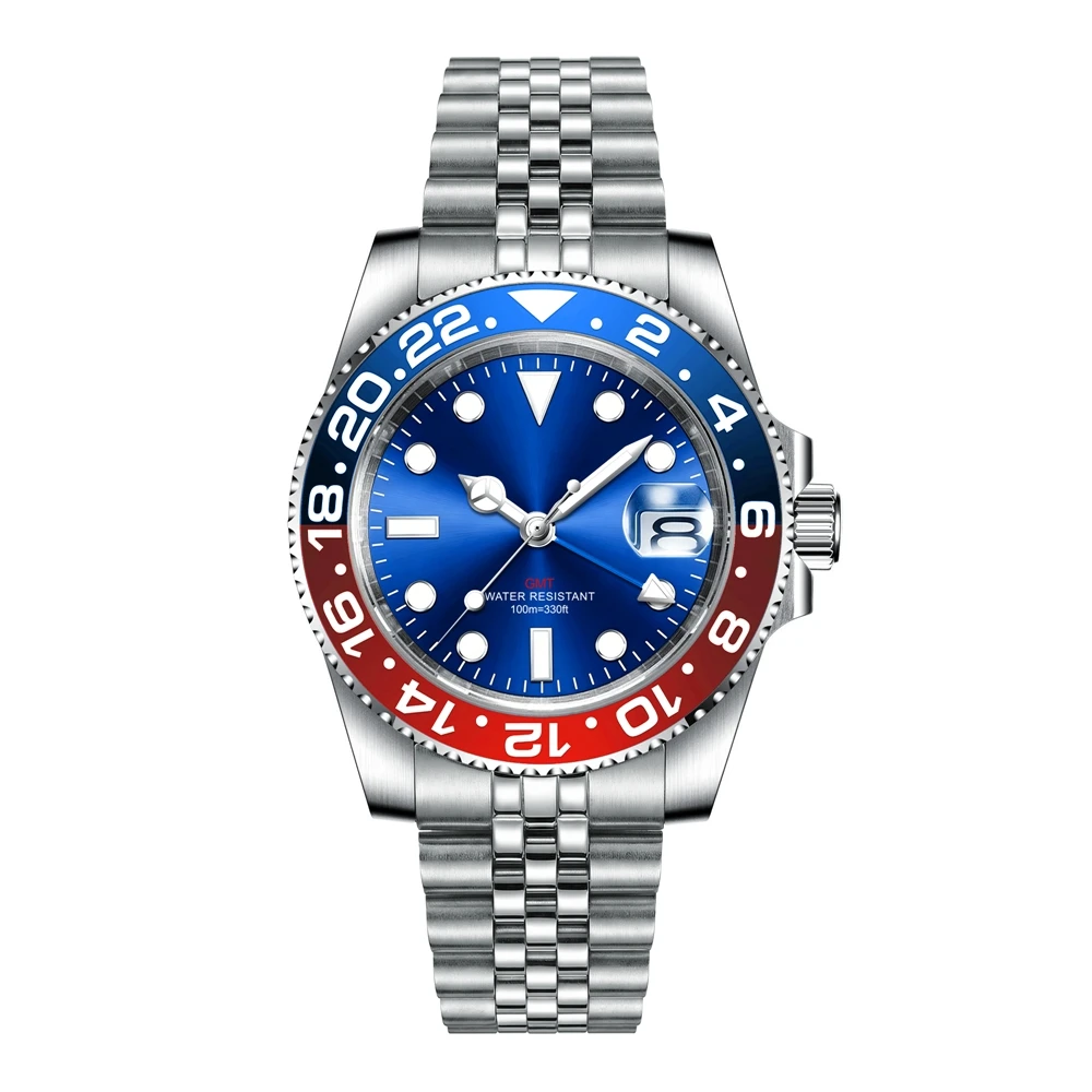Custom luxury GMT Watch 40mm Mechanical Wristwatches Quartz Movt Stainless Sapphire Glass 100M Waterproof Luminous Men Watches