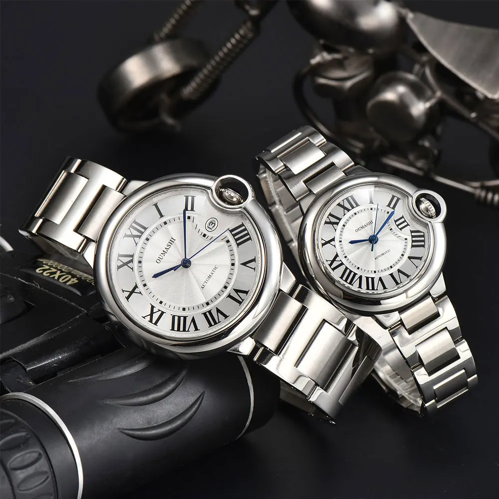 High-end Couple's Watch Strength Mineral Glass Balloon Watch Automatic Mechanical Movement Stainless Steel Waterproof Watch Gift