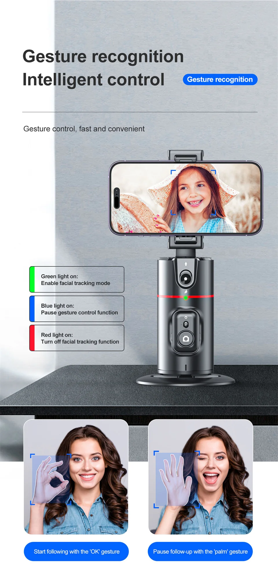 FANGTUOSI Stabilizer Smart Facial Tracking with Removable Fill Light Phone Stand Wireless Selfie Stick Tripod for Live Streaming