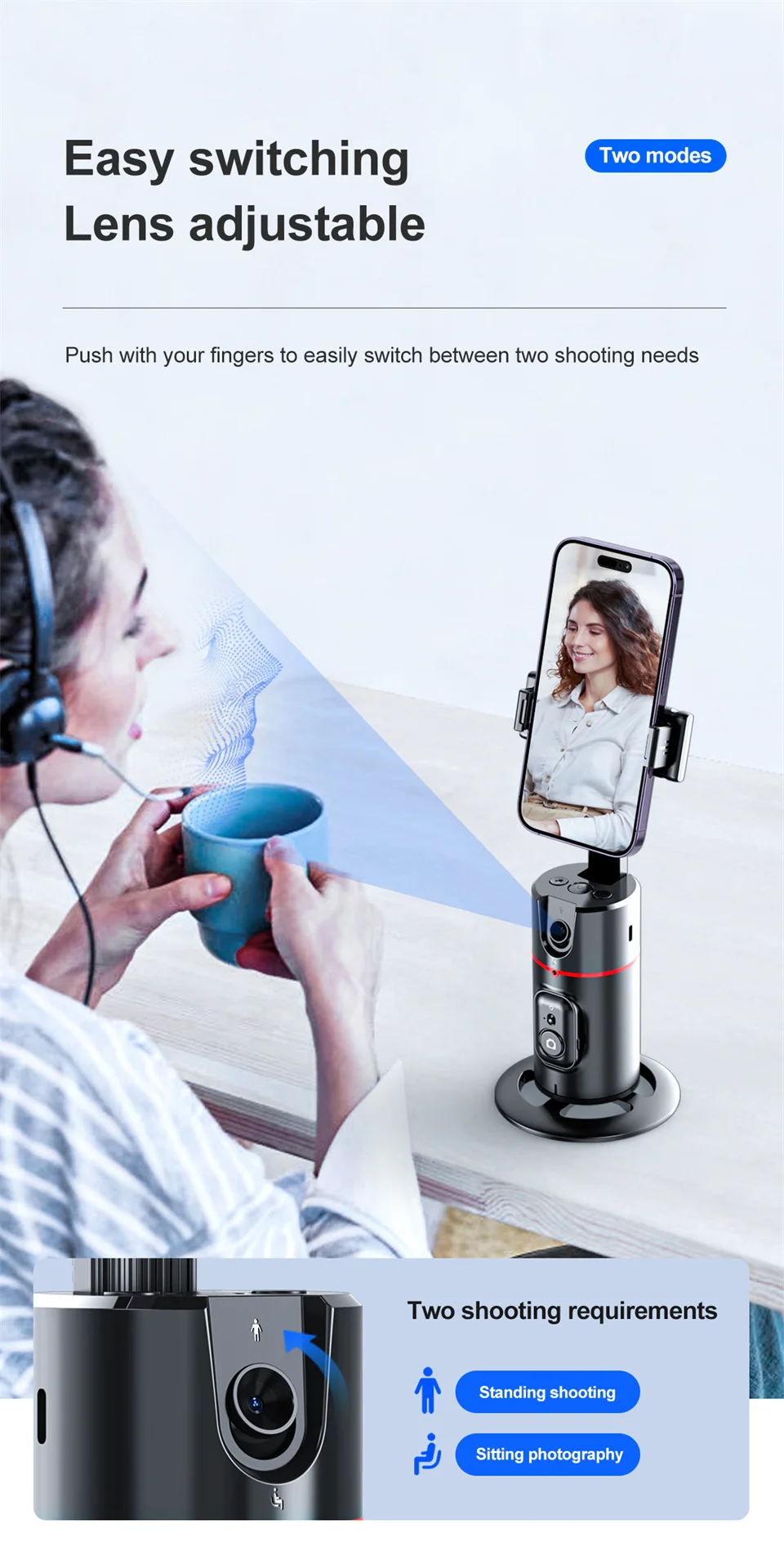 FANGTUOSI Stabilizer Smart Facial Tracking with Removable Fill Light Phone Stand Wireless Selfie Stick Tripod for Live Streaming