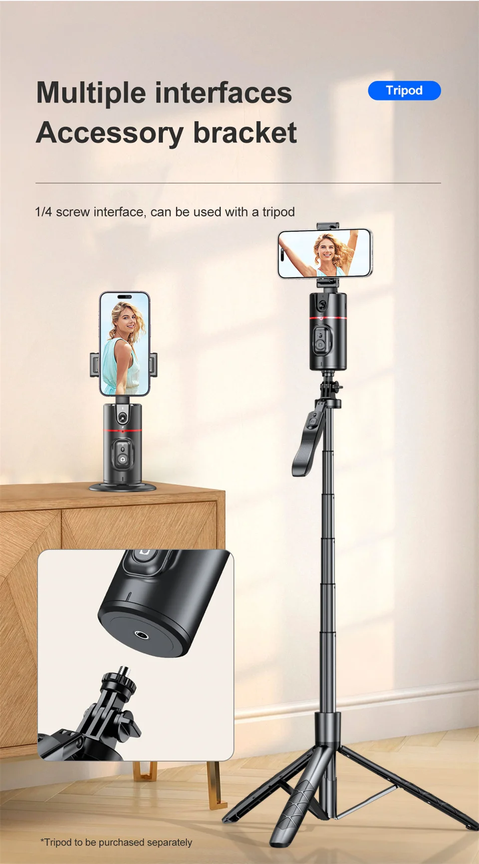 FANGTUOSI Stabilizer Smart Facial Tracking with Removable Fill Light Phone Stand Wireless Selfie Stick Tripod for Live Streaming