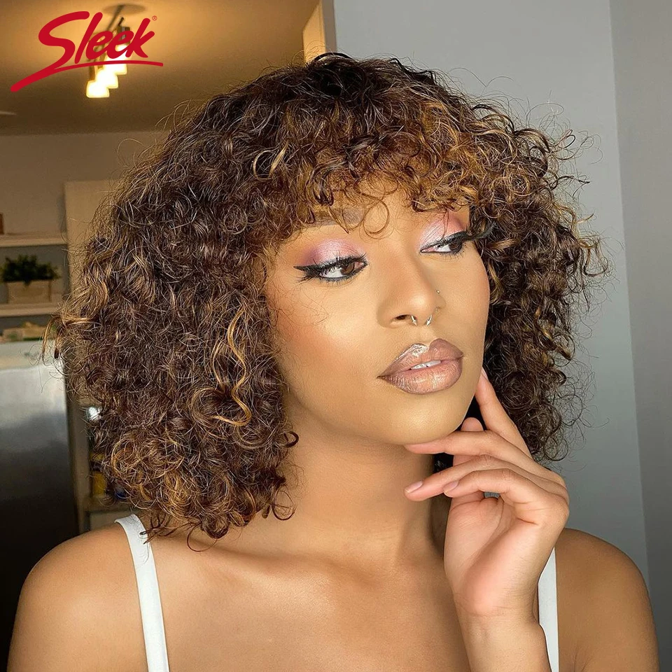 Jerry Curly Short Bob Human Hair Wigs With Bangs Wear To Go Glueless Wig Highlight Honey Water Wave Blonde Colored Wig For Women