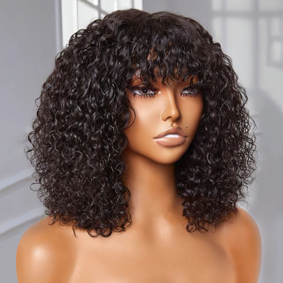 Jerry Curly Short Bob Human Hair Wigs With Bangs Wear To Go Glueless Wig Highlight Honey Water Wave Blonde Colored Wig For Women