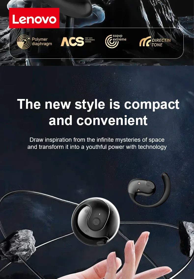 Lenovo OWS Wireless Headphones Bluetooth Headset with Mics HiFi Stereo Sound Earphones Smart Touch Sports Waterproof Earbuds