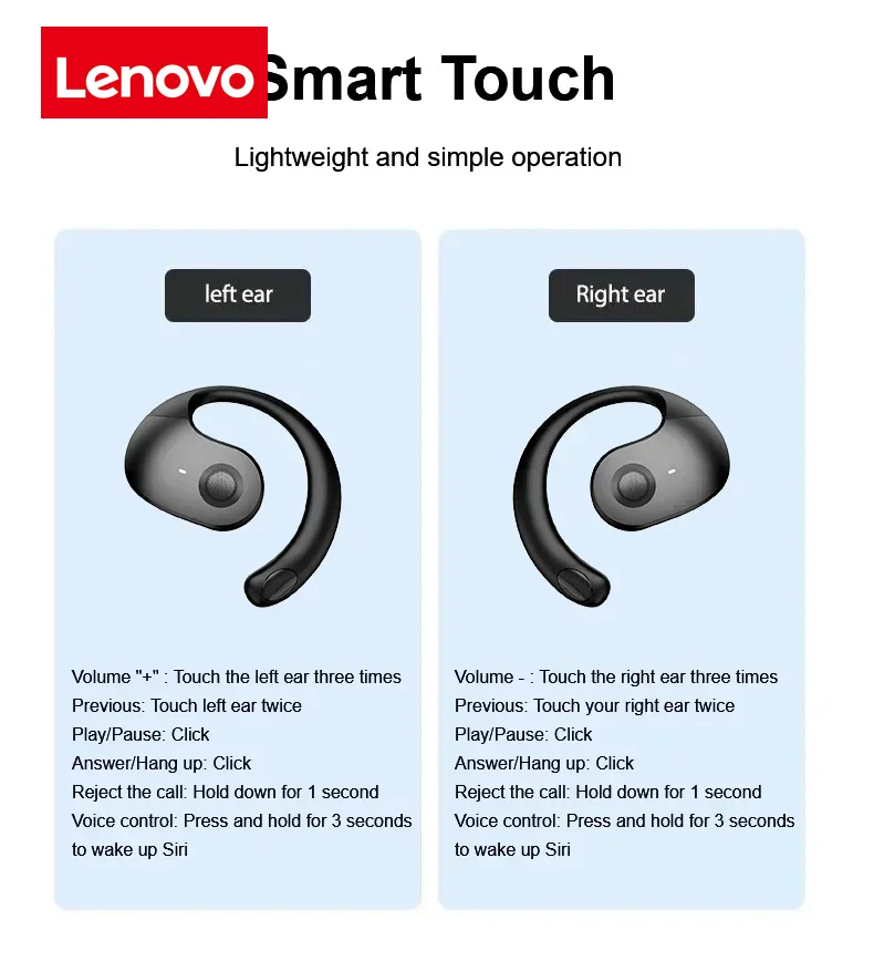 Lenovo OWS Wireless Headphones Bluetooth Headset with Mics HiFi Stereo Sound Earphones Smart Touch Sports Waterproof Earbuds