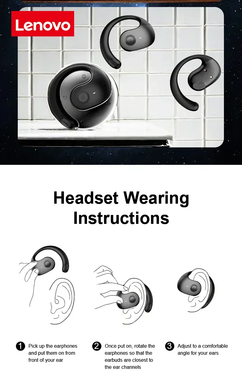 Lenovo OWS Wireless Headphones Bluetooth Headset with Mics HiFi Stereo Sound Earphones Smart Touch Sports Waterproof Earbuds