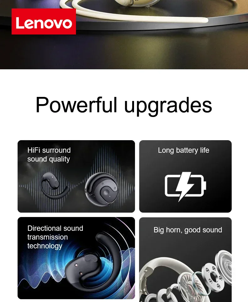 Lenovo OWS Wireless Headphones Bluetooth Headset with Mics HiFi Stereo Sound Earphones Smart Touch Sports Waterproof Earbuds