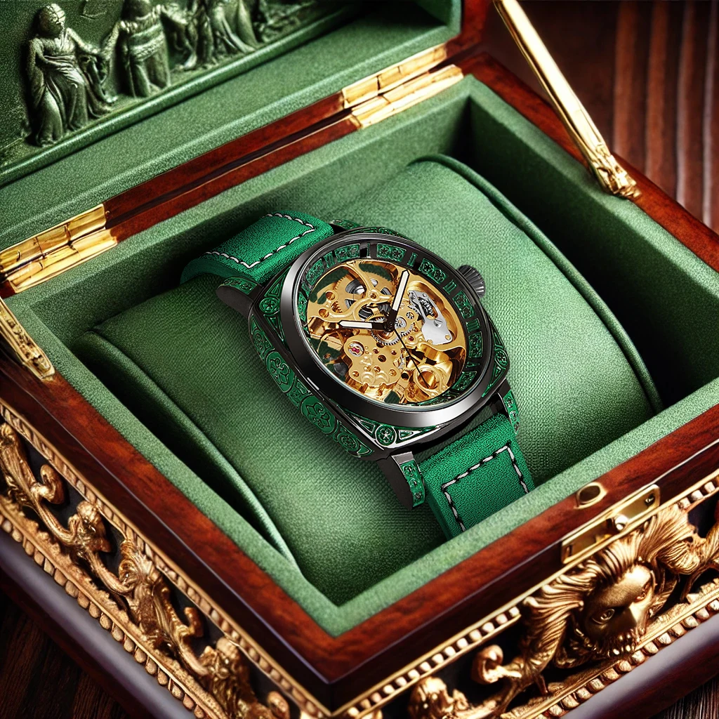 New Men's Watch with Gold Green Belt, Retro Style, Noble and Elegant Night Light Carving, Fully Automatic Mechanical Watch