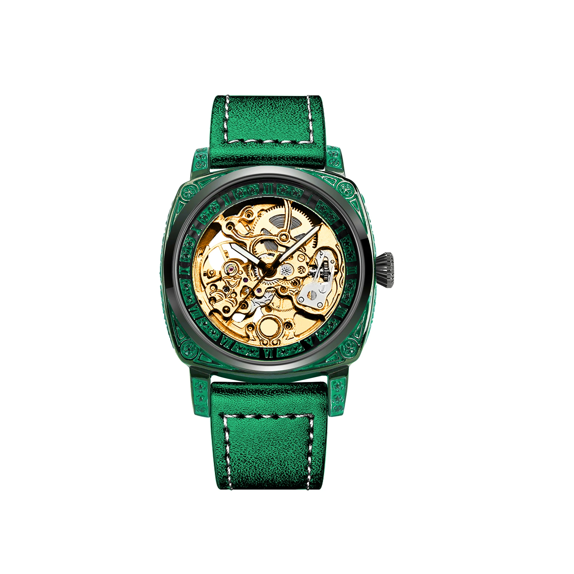 New Men's Watch with Gold Green Belt, Retro Style, Noble and Elegant Night Light Carving, Fully Automatic Mechanical Watch