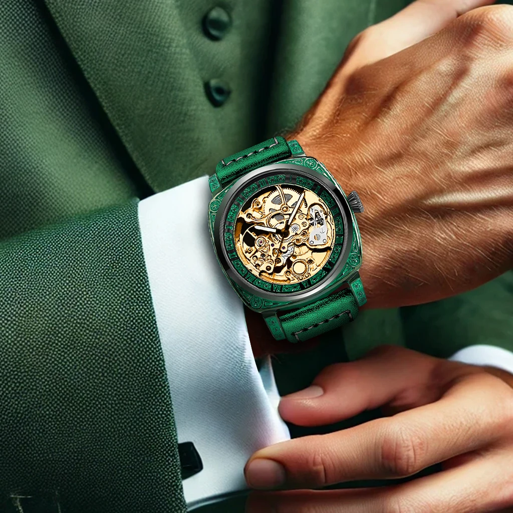 New Men's Watch with Gold Green Belt, Retro Style, Noble and Elegant Night Light Carving, Fully Automatic Mechanical Watch