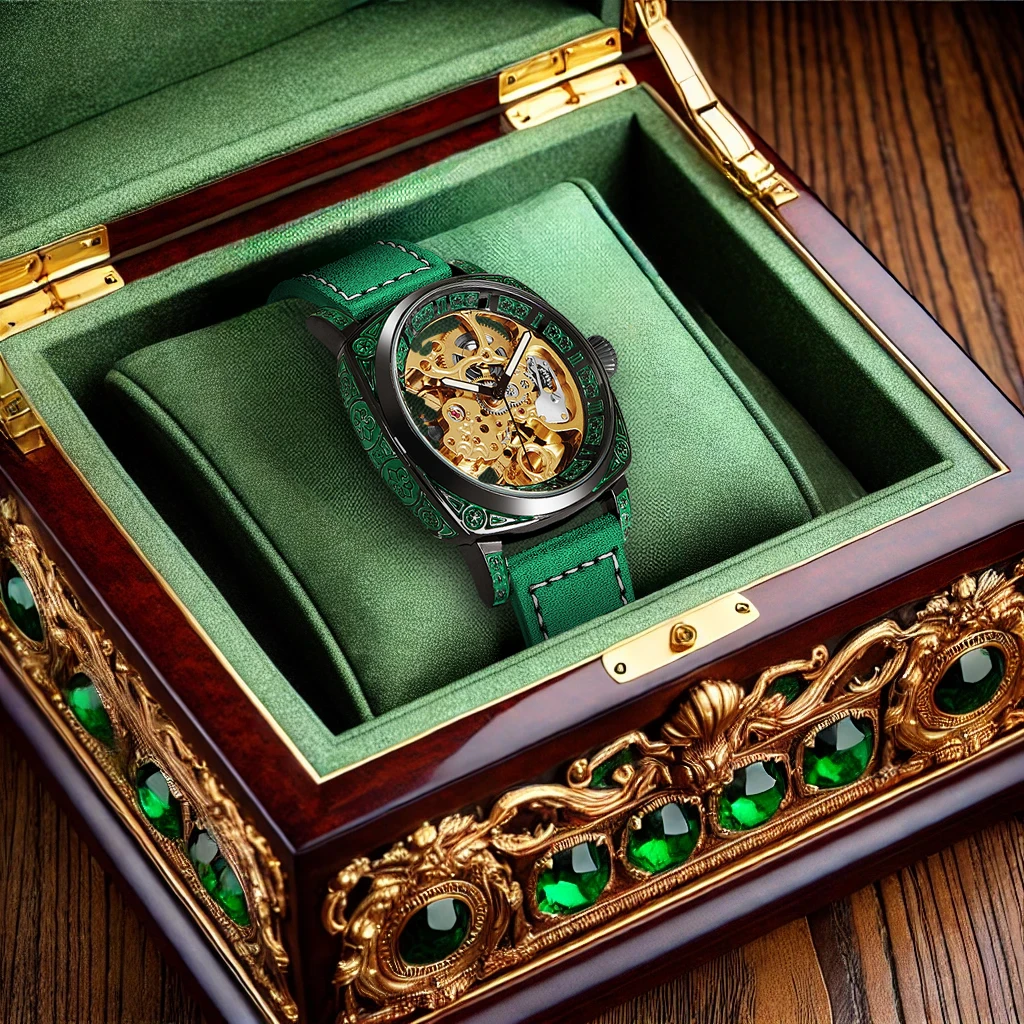 New Men's Watch with Gold Green Belt, Retro Style, Noble and Elegant Night Light Carving, Fully Automatic Mechanical Watch