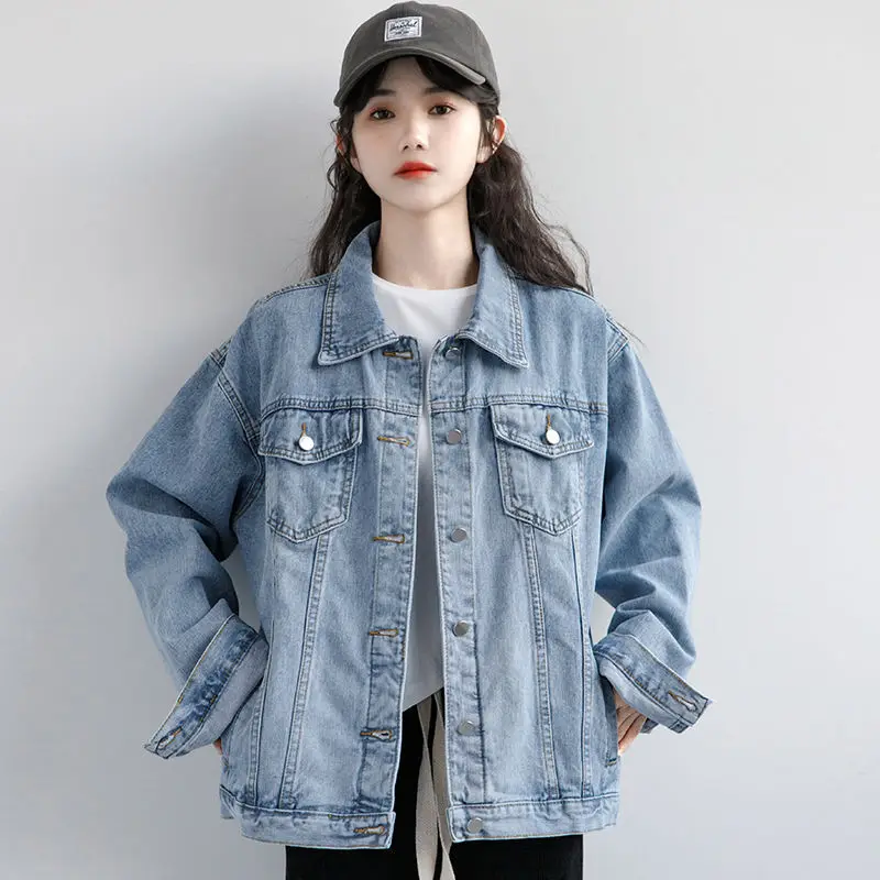 Vintage Women Jacket 2026 Autumn Winter Oversize Denim Jackets Washed Blue Jeans Coat Turn-down Collar Outwear Jacket