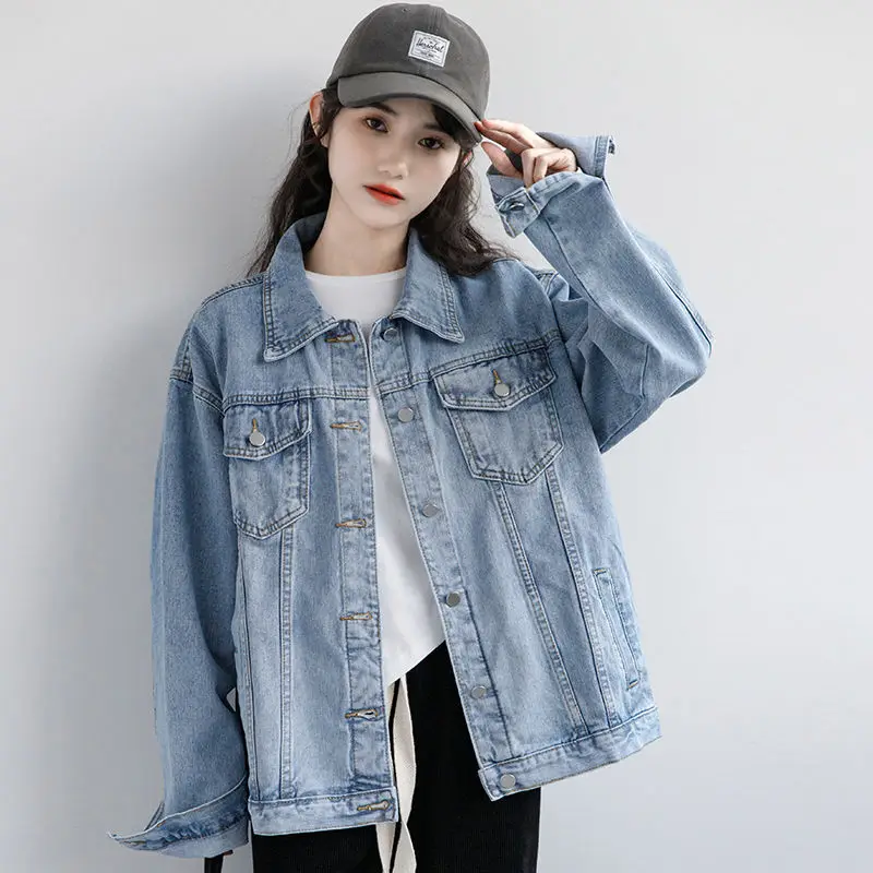 Vintage Women Jacket 2026 Autumn Winter Oversize Denim Jackets Washed Blue Jeans Coat Turn-down Collar Outwear Jacket