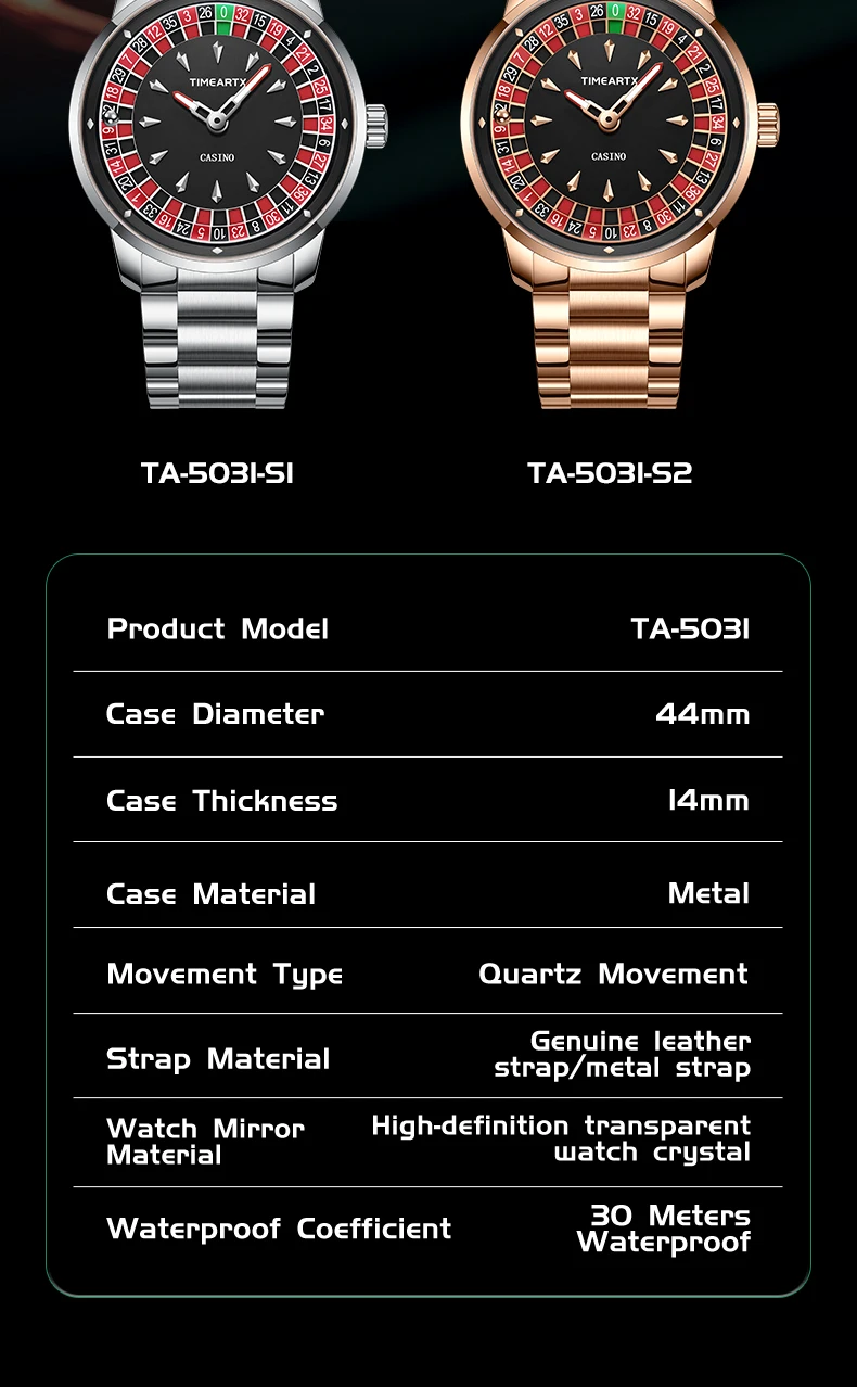 TIMEARTX Men's Trendy Watch European Roulette Poker Game Style Quartz Movement Genuine Leather Luxury Watch Men's Watches