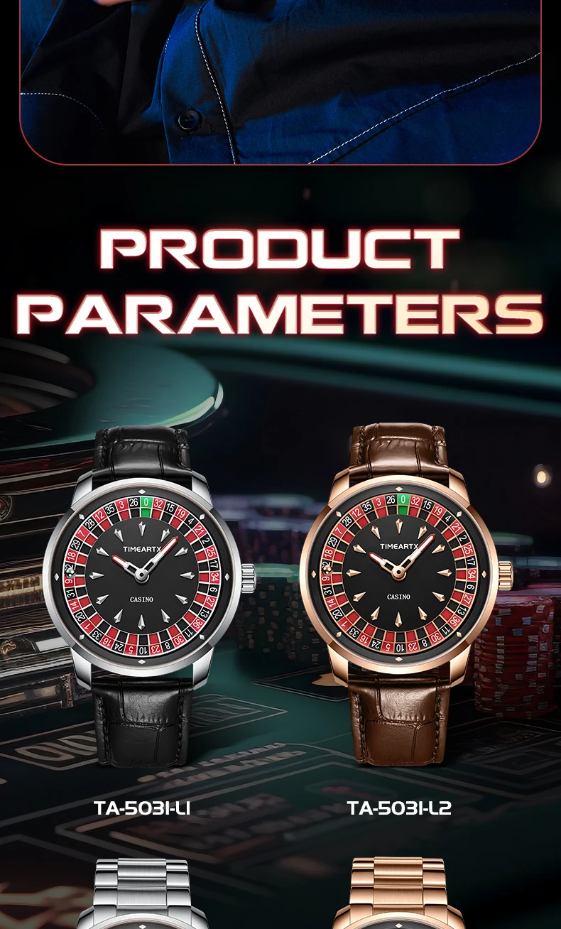 TIMEARTX Men's Trendy Watch European Roulette Poker Game Style Quartz Movement Genuine Leather Luxury Watch Men's Watches