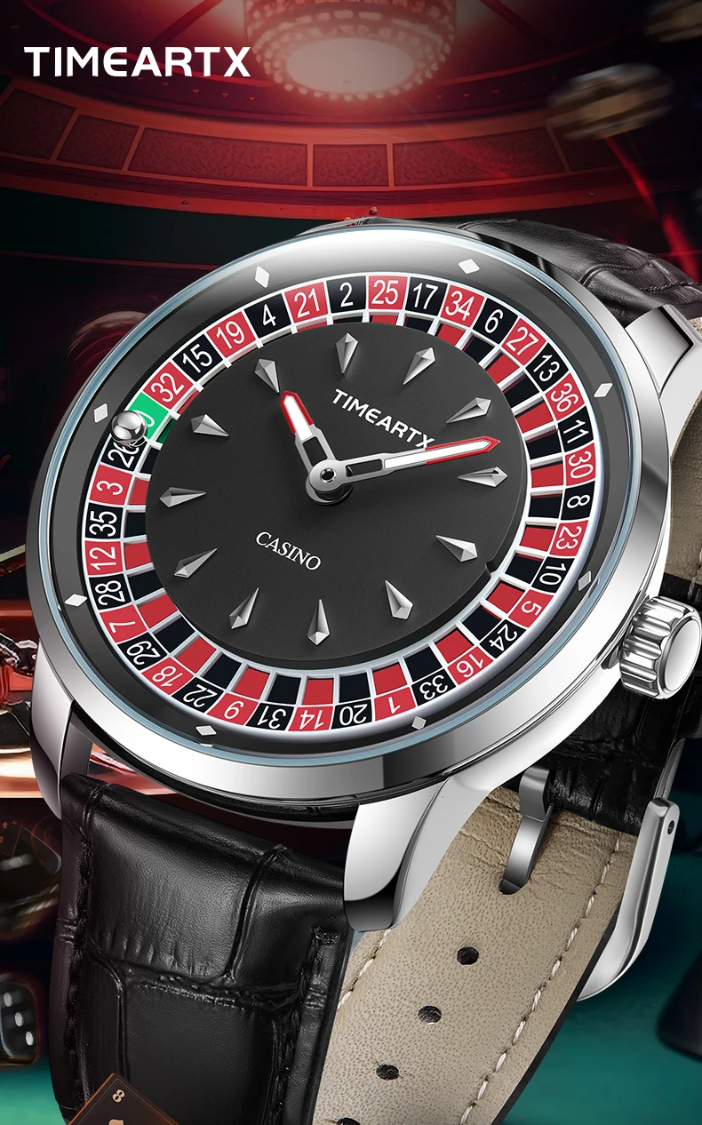 TIMEARTX Men's Trendy Watch European Roulette Poker Game Style Quartz Movement Genuine Leather Luxury Watch Men's Watches