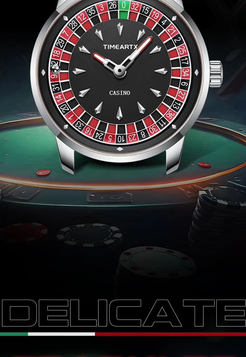 TIMEARTX Men's Trendy Watch European Roulette Poker Game Style Quartz Movement Genuine Leather Luxury Watch Men's Watches
