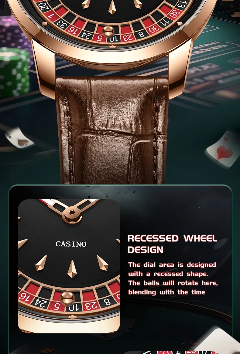 TIMEARTX Men's Trendy Watch European Roulette Poker Game Style Quartz Movement Genuine Leather Luxury Watch Men's Watches
