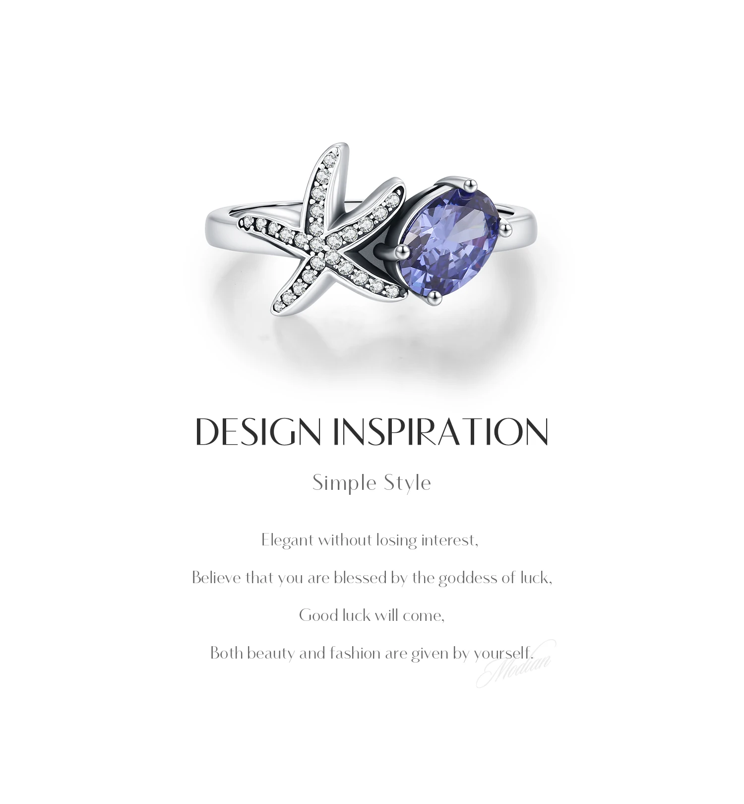 MODIAN 925 Sterling Silver Tanzanian Color Oval CZ Ring Vintage Pave Setting Starfish Jewelry for Women Silver Ring Gift