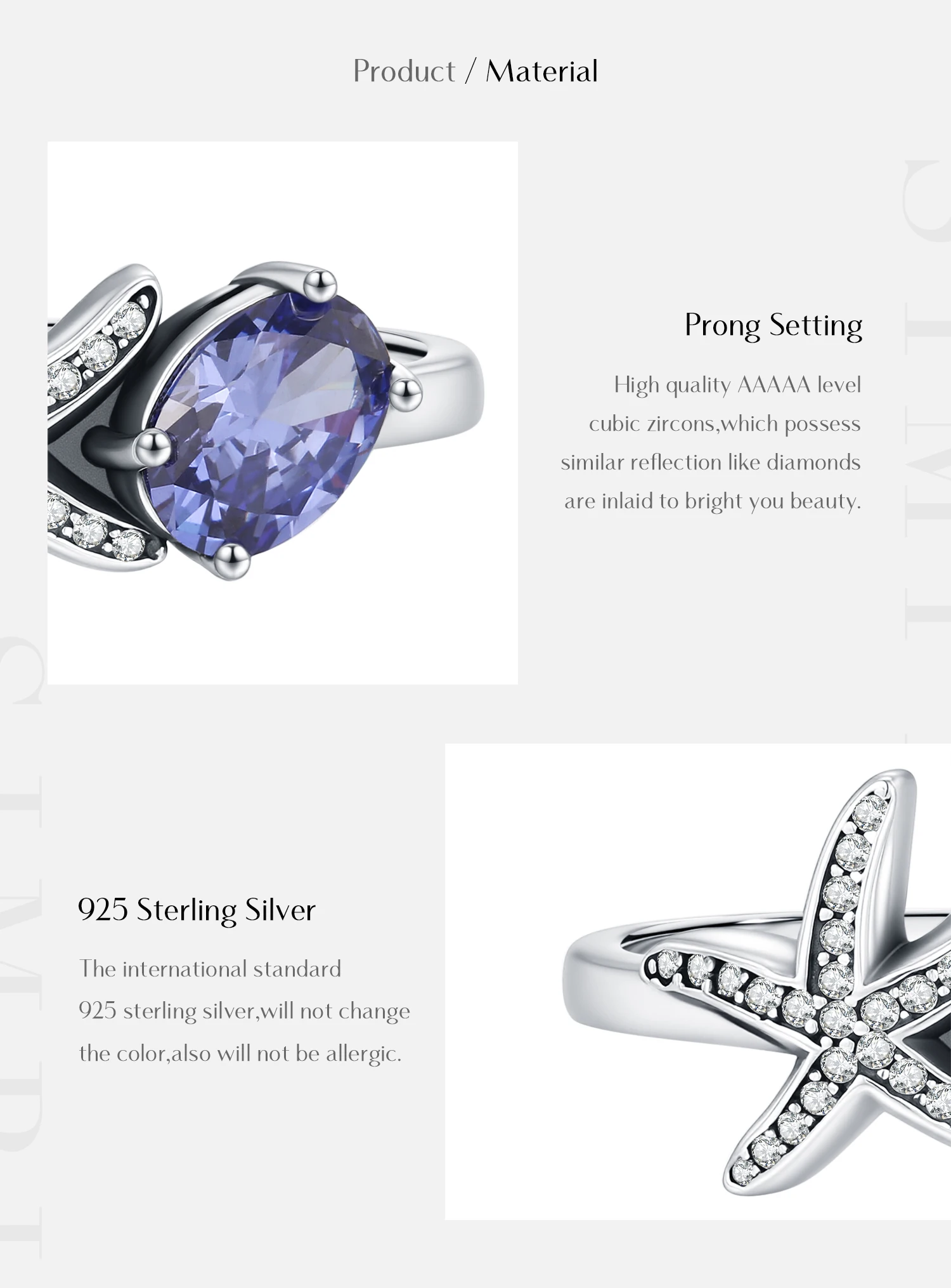 MODIAN 925 Sterling Silver Tanzanian Color Oval CZ Ring Vintage Pave Setting Starfish Jewelry for Women Silver Ring Gift