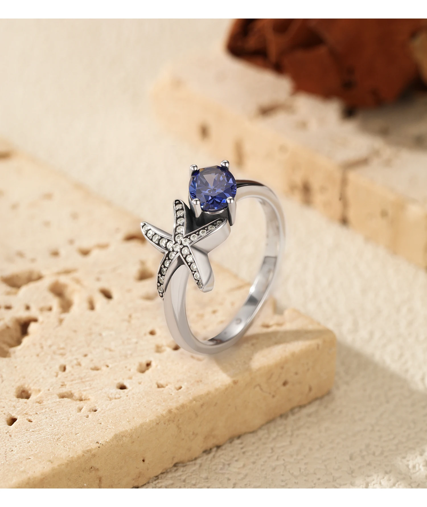 MODIAN 925 Sterling Silver Tanzanian Color Oval CZ Ring Vintage Pave Setting Starfish Jewelry for Women Silver Ring Gift