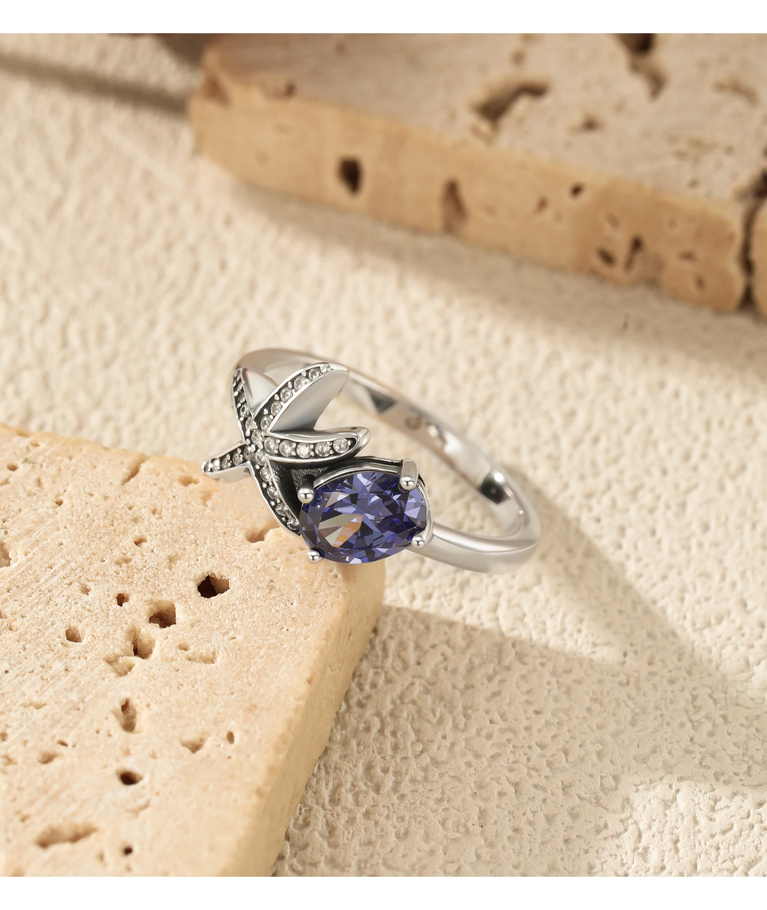 MODIAN 925 Sterling Silver Tanzanian Color Oval CZ Ring Vintage Pave Setting Starfish Jewelry for Women Silver Ring Gift