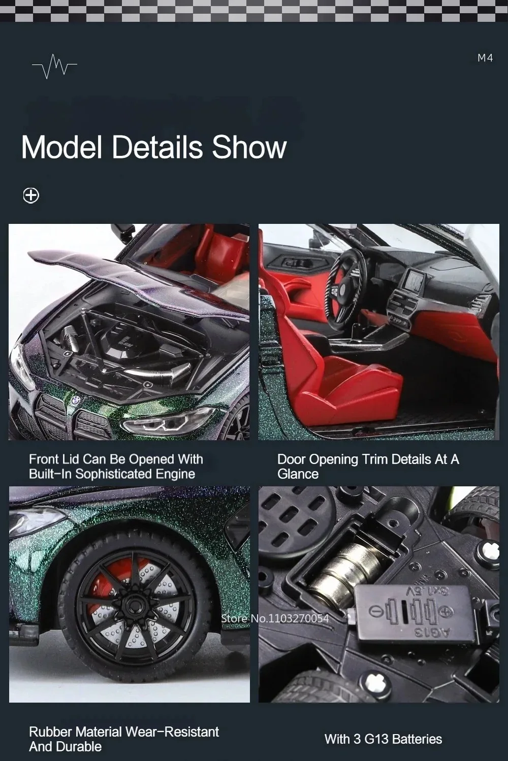 1:24 M3 GTR M4 Alloy Miniature Model Toy Diecast Cars Front Wheel Steering Doors Opened Sound Light Collect Models for Boy Gifts