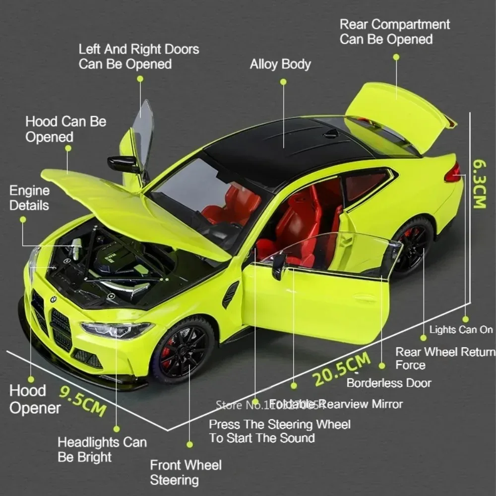 1:24 M3 GTR M4 Alloy Miniature Model Toy Diecast Cars Front Wheel Steering Doors Opened Sound Light Collect Models for Boy Gifts
