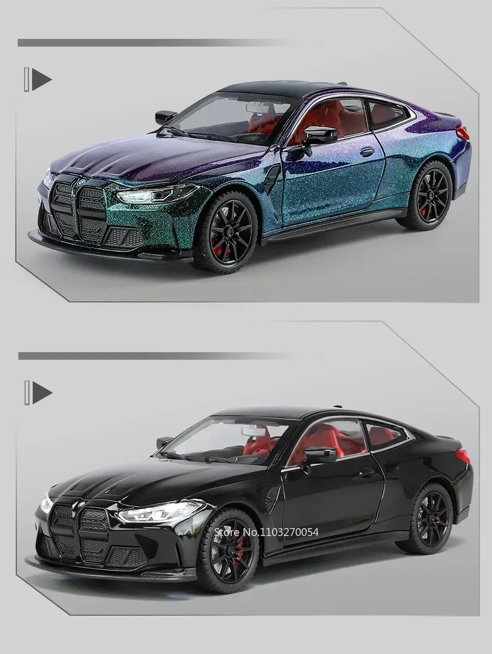 1:24 M3 GTR M4 Alloy Miniature Model Toy Diecast Cars Front Wheel Steering Doors Opened Sound Light Collect Models for Boy Gifts