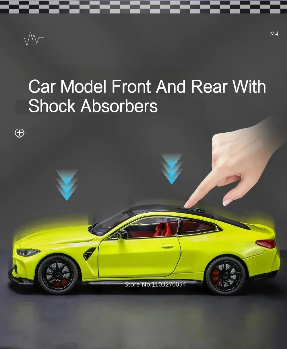 1:24 M3 GTR M4 Alloy Miniature Model Toy Diecast Cars Front Wheel Steering Doors Opened Sound Light Collect Models for Boy Gifts