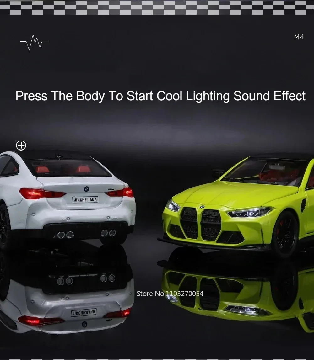 1:24 M3 GTR M4 Alloy Miniature Model Toy Diecast Cars Front Wheel Steering Doors Opened Sound Light Collect Models for Boy Gifts
