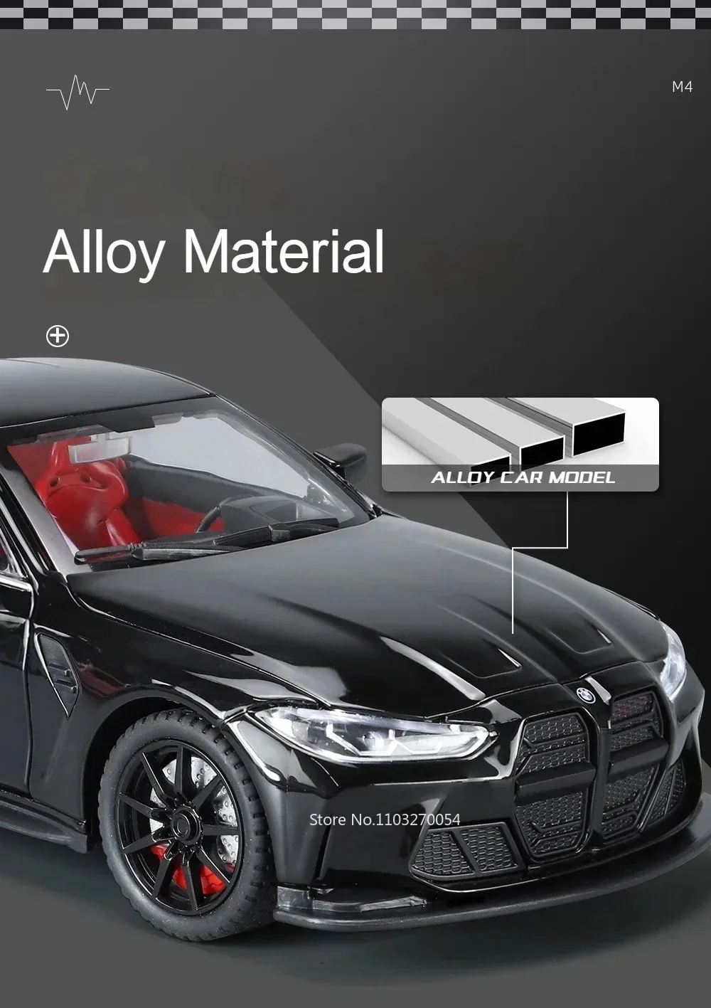 1:24 M3 GTR M4 Alloy Miniature Model Toy Diecast Cars Front Wheel Steering Doors Opened Sound Light Collect Models for Boy Gifts