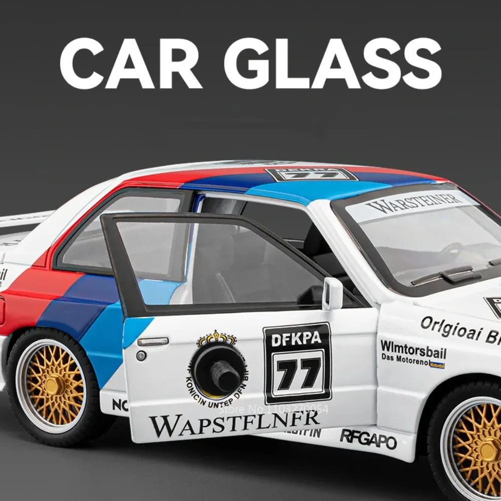1:24 M3 GTR M4 Alloy Miniature Model Toy Diecast Cars Front Wheel Steering Doors Opened Sound Light Collect Models for Boy Gifts