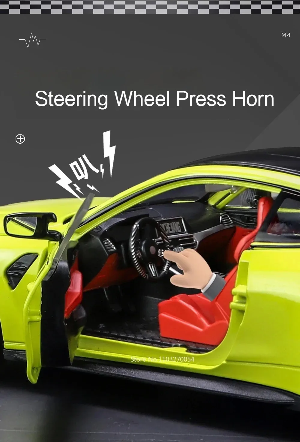 1:24 M3 GTR M4 Alloy Miniature Model Toy Diecast Cars Front Wheel Steering Doors Opened Sound Light Collect Models for Boy Gifts