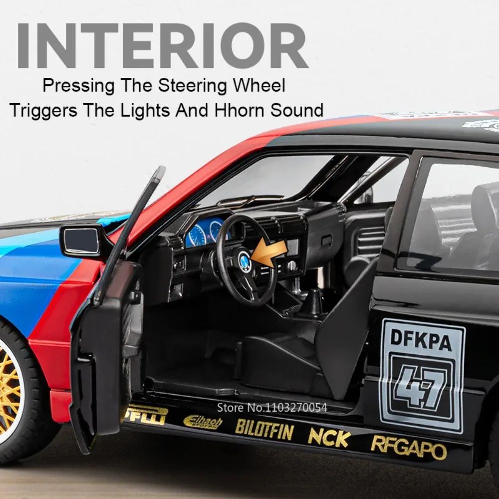 1:24 M3 GTR M4 Alloy Miniature Model Toy Diecast Cars Front Wheel Steering Doors Opened Sound Light Collect Models for Boy Gifts