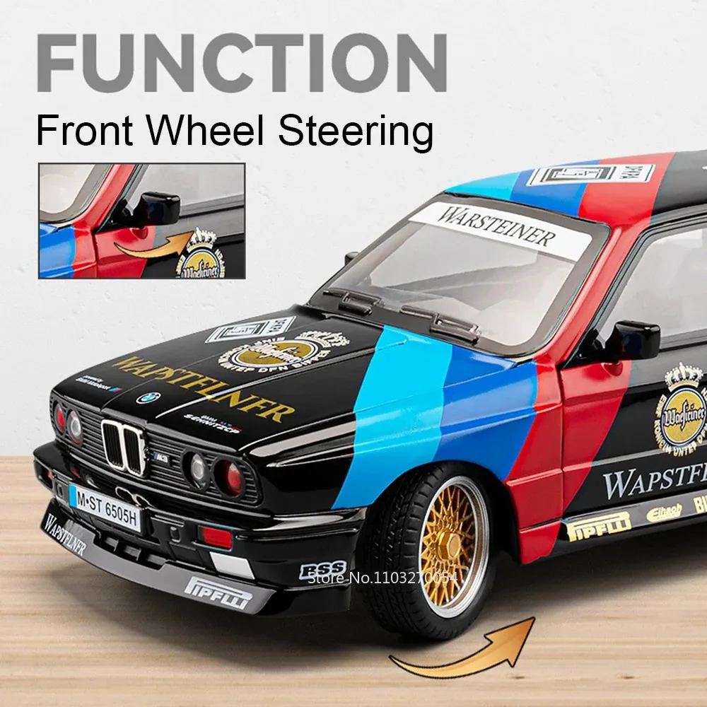 1:24 M3 GTR M4 Alloy Miniature Model Toy Diecast Cars Front Wheel Steering Doors Opened Sound Light Collect Models for Boy Gifts