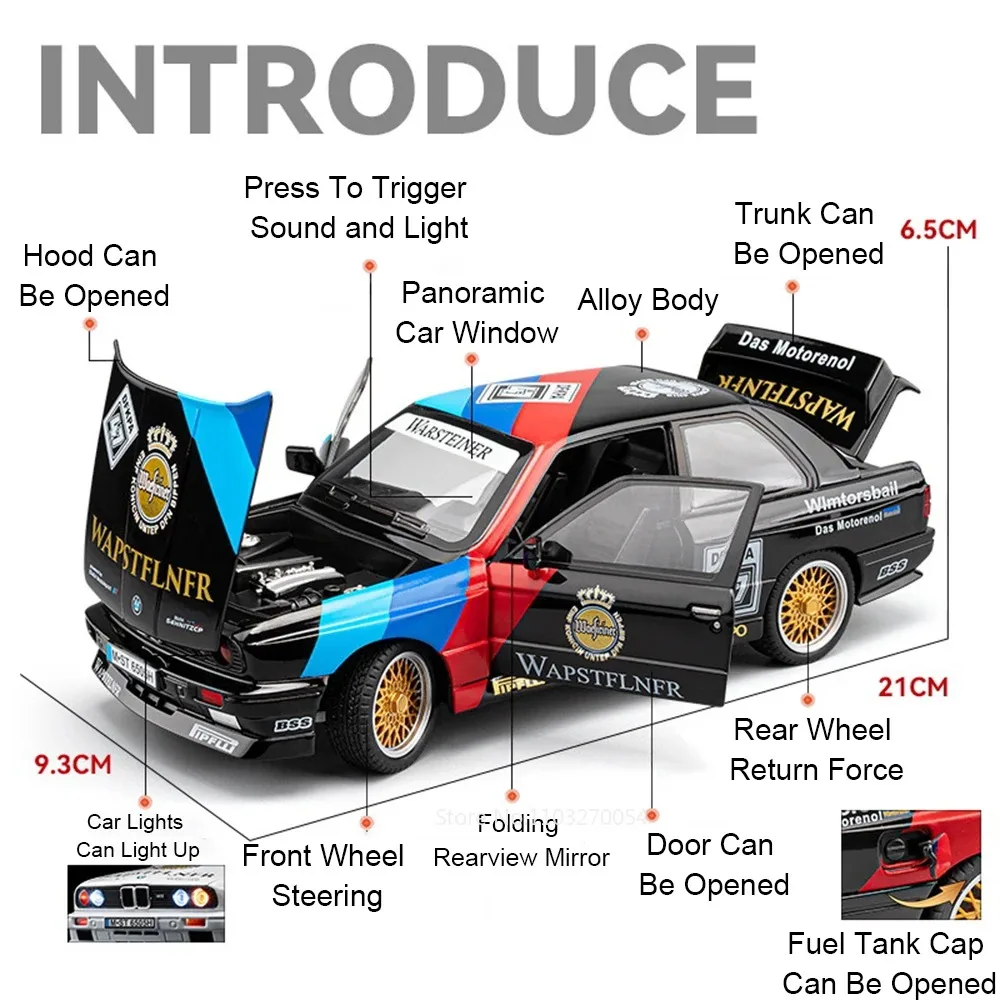 1:24 M3 GTR M4 Alloy Miniature Model Toy Diecast Cars Front Wheel Steering Doors Opened Sound Light Collect Models for Boy Gifts