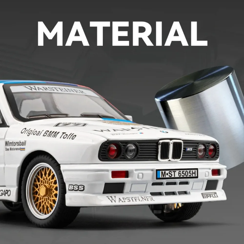 1:24 M3 GTR M4 Alloy Miniature Model Toy Diecast Cars Front Wheel Steering Doors Opened Sound Light Collect Models for Boy Gifts