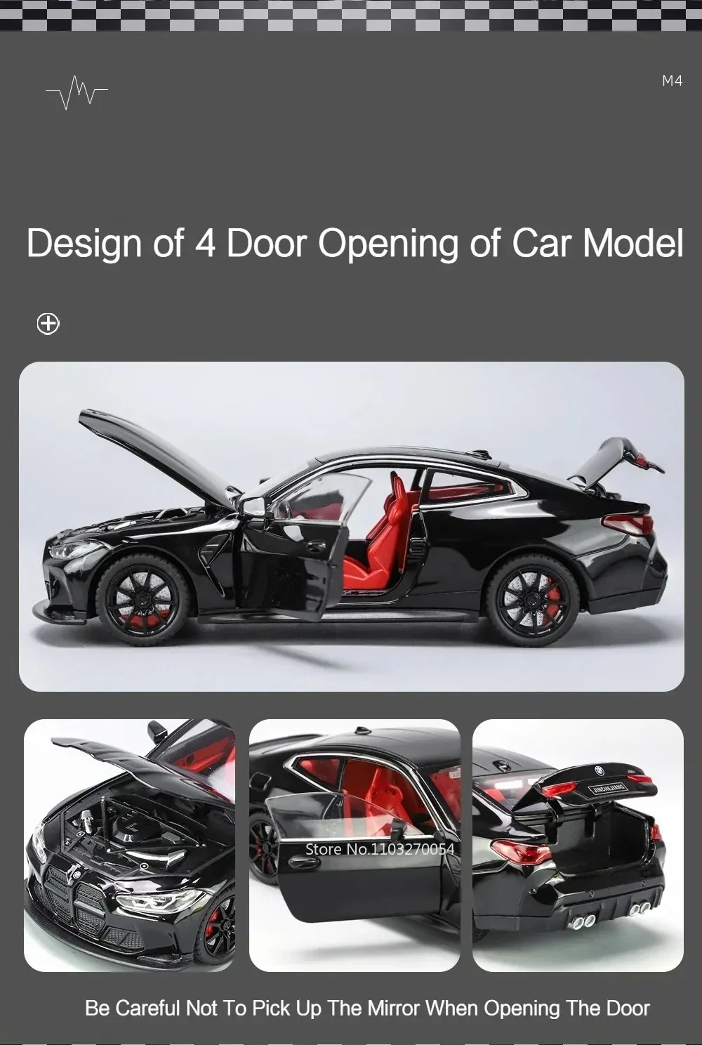 1:24 M3 GTR M4 Alloy Miniature Model Toy Diecast Cars Front Wheel Steering Doors Opened Sound Light Collect Models for Boy Gifts