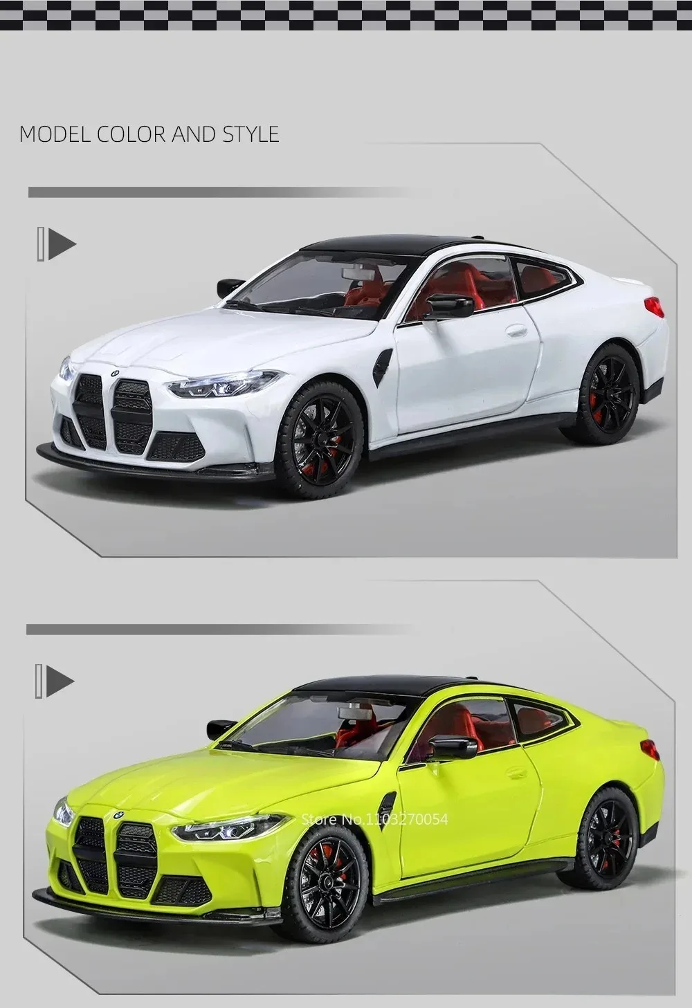 1:24 M3 GTR M4 Alloy Miniature Model Toy Diecast Cars Front Wheel Steering Doors Opened Sound Light Collect Models for Boy Gifts