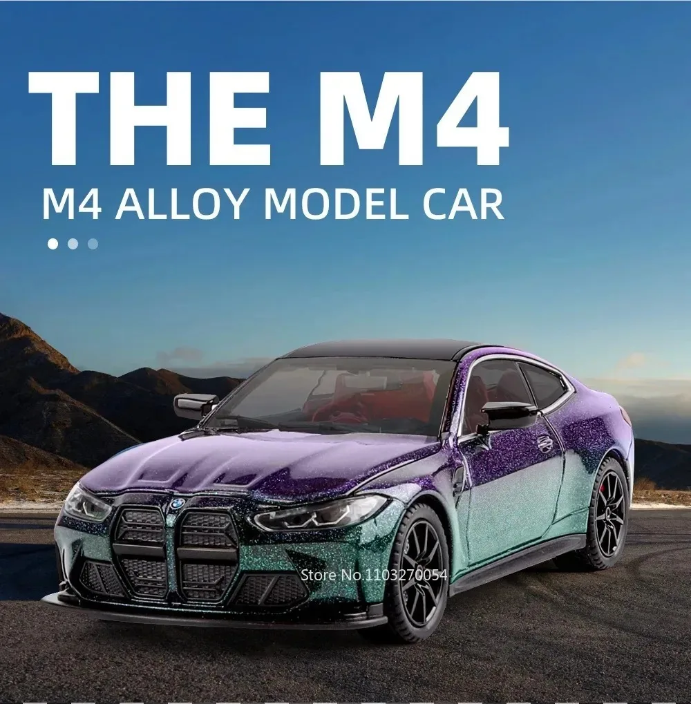 1:24 M3 GTR M4 Alloy Miniature Model Toy Diecast Cars Front Wheel Steering Doors Opened Sound Light Collect Models for Boy Gifts