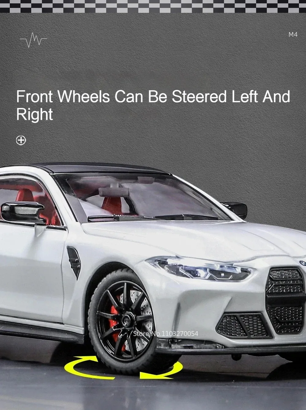1:24 M3 GTR M4 Alloy Miniature Model Toy Diecast Cars Front Wheel Steering Doors Opened Sound Light Collect Models for Boy Gifts