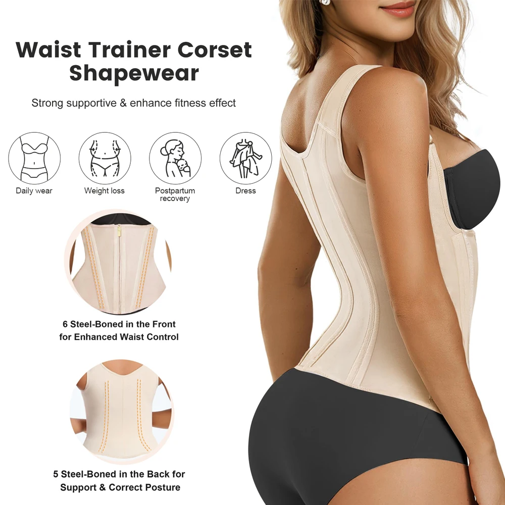 1PCS Waist Trainer for Women Corset Shapewear with Zipper Women's Waist Cincher Tank Top with Adjustable Straps