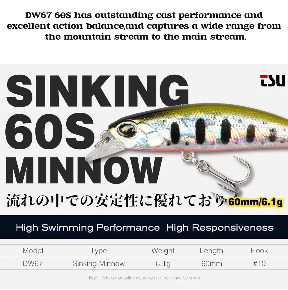 TSURINOYA Sinking Minnow 60S 60mm 6.1g DW67 New Fishing Lures Professional Hard Lure Pencil Wobbler Crankbait Bass Pike Baits
