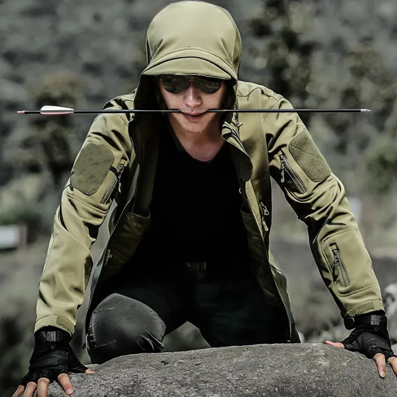Men's Autumn Winter SoftShell Fleece Jackets Male Hood Windproof Coat Fishing Hiking Camping Climbing Skiing Warm Pants Trousers