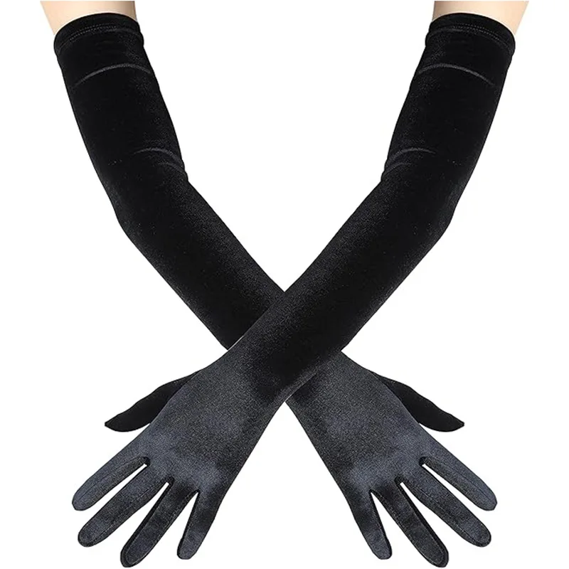53cm Women Velvet Long Warm Evening Dress Elegant Etiquette Black Elasticity Gloves Retro Style Banquet Party Accessories