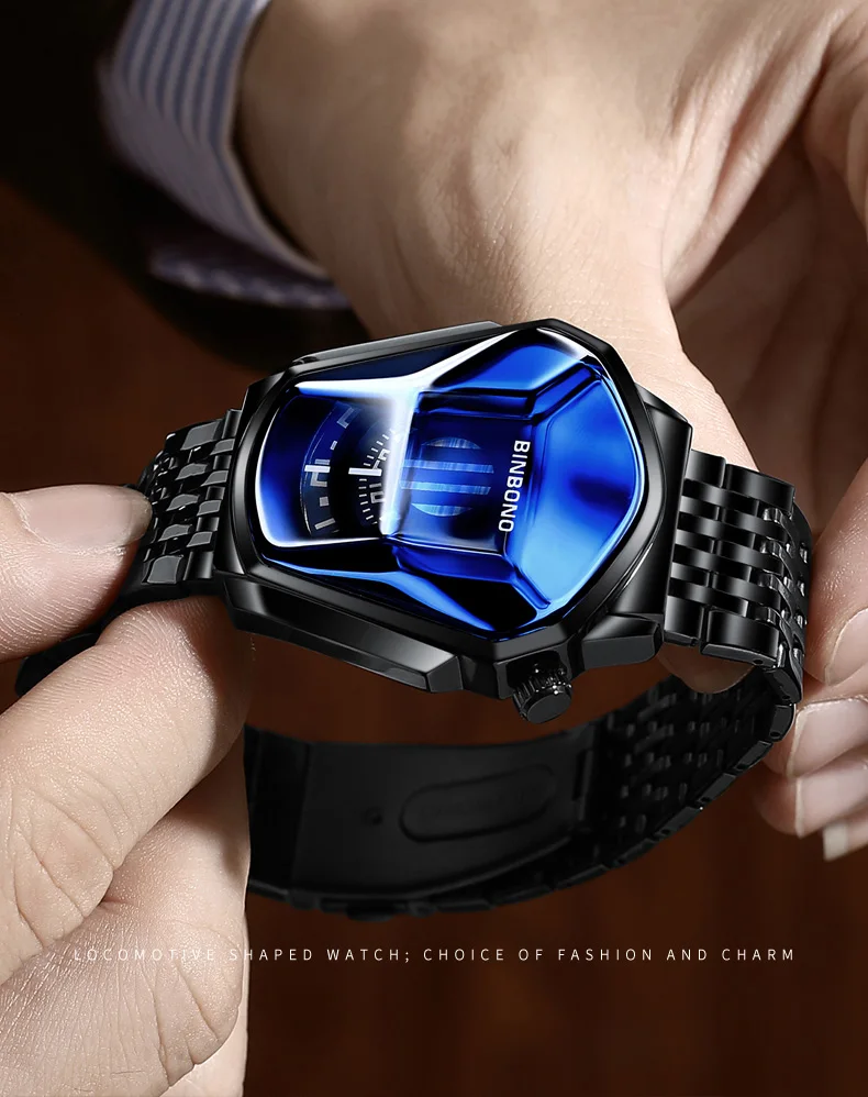 BINBOND Men Popular Fashion Motorcycle Concept Quartz Watch Luminous Steel Band Mesh Watch Touch Screen Black Technology Watch