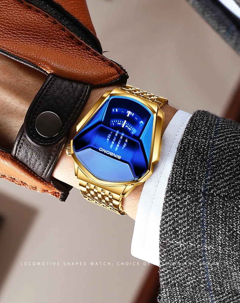 BINBOND Men Popular Fashion Motorcycle Concept Quartz Watch Luminous Steel Band Mesh Watch Touch Screen Black Technology Watch