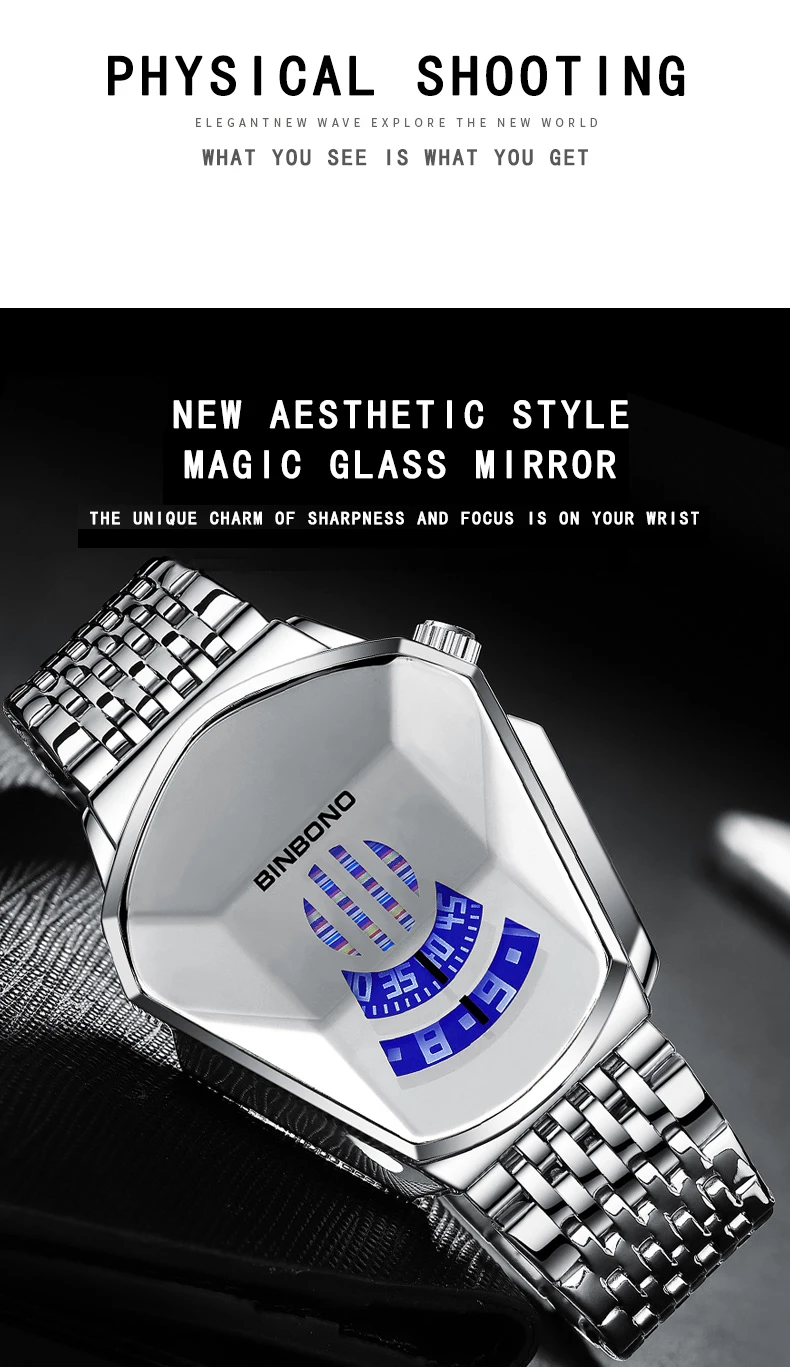 BINBOND Men Popular Fashion Motorcycle Concept Quartz Watch Luminous Steel Band Mesh Watch Touch Screen Black Technology Watch