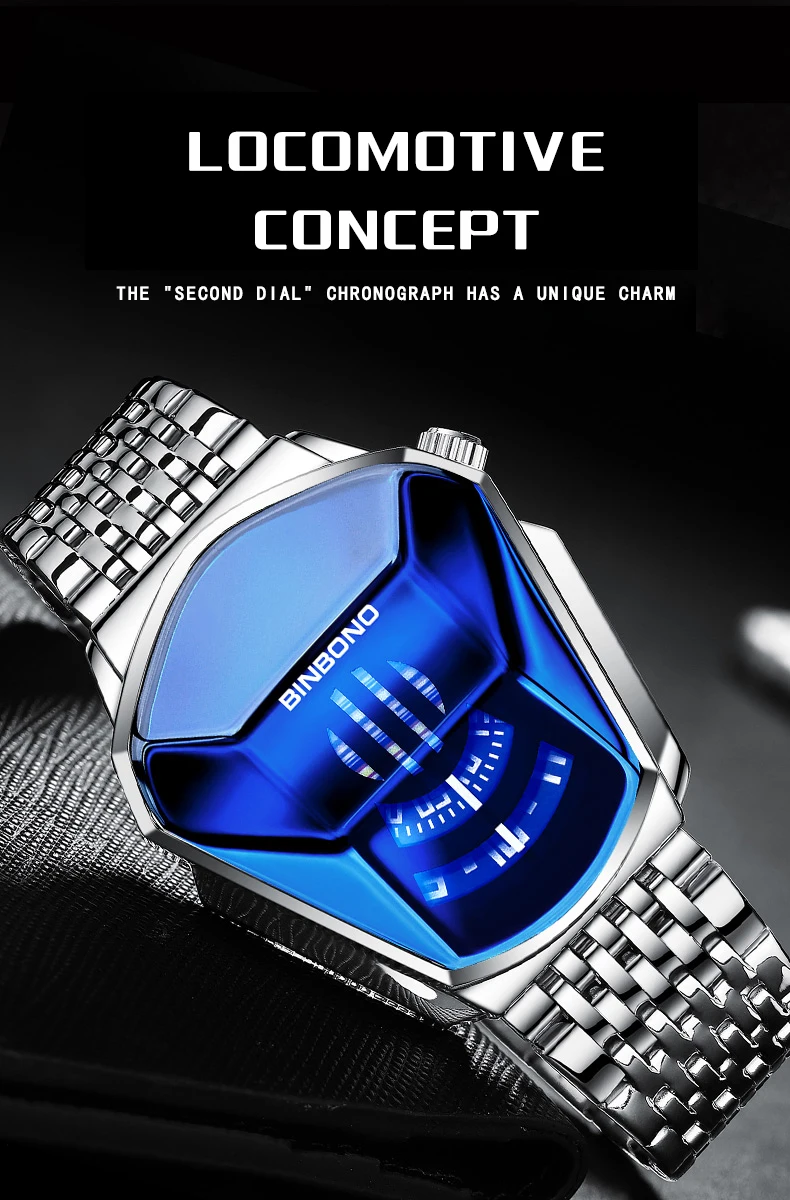 BINBOND Men Popular Fashion Motorcycle Concept Quartz Watch Luminous Steel Band Mesh Watch Touch Screen Black Technology Watch